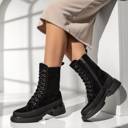 Ghete dama cu siret si fermoar negru suede din Piele naturala MOD14054