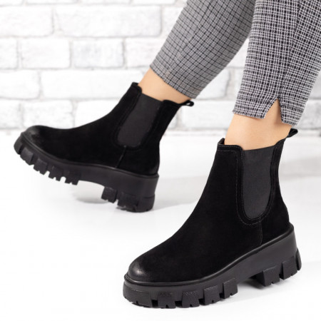 Ghete dama cu talpa groasa negru suede din Piele naturala MOD05383, 3, modlet.ro