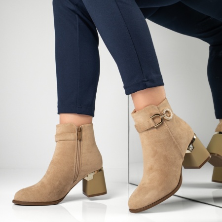 Ghete Dama, Ghete dama cu toc si accesorii decorative khaki suede MOD12882, modlet.ro