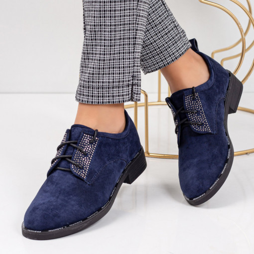 Pantofi casual dama, Pantofi albastri casual dama cu siret si pietre aplicate ZEF05798 - zeforia.ro