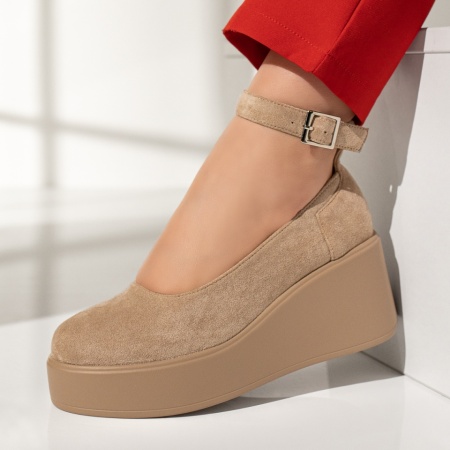 Pantofi dama, Pantofi casual cu platforma si bareta bej suede MOD12965, modlet.ro