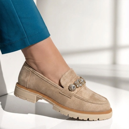 Pantofi casual dama cu accesoriu metalic bej suede LILI22, 3, modlet.ro