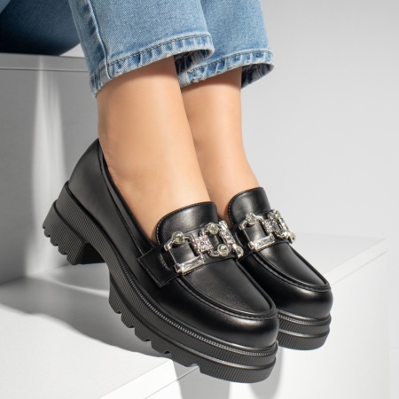 Pantofi casual dama cu accesoriu metalic negri MOD13249, 2, modlet.ro