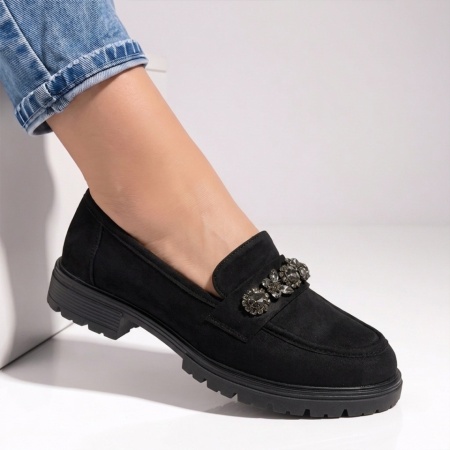 Pantofi casual dama cu accesoriu metalic negru suede LILI22, 3, modlet.ro