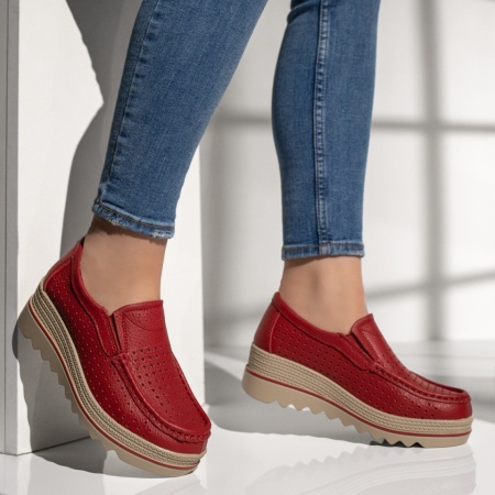 Pantofi casual dama cu perforatii rosii din Piele naturala MOD13102, 3, modlet.ro