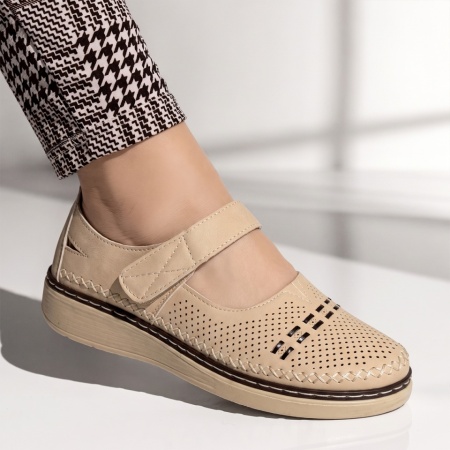 Pantofi casual dama cu perforatii si inchidere cu scai bej EVA96, 3, modlet.ro