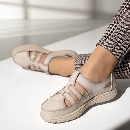 Pantofi casual dama cu perforatii si inchidere cu scai bej MOD13320, 2, modlet.ro