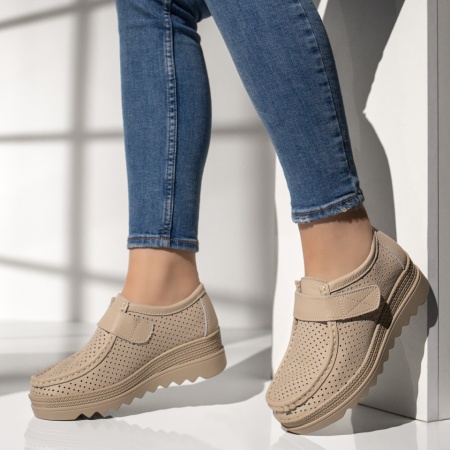 Pantofi dama, Pantofi casual dama cu platforma bej din Piele naturala MOD12137, modlet.ro