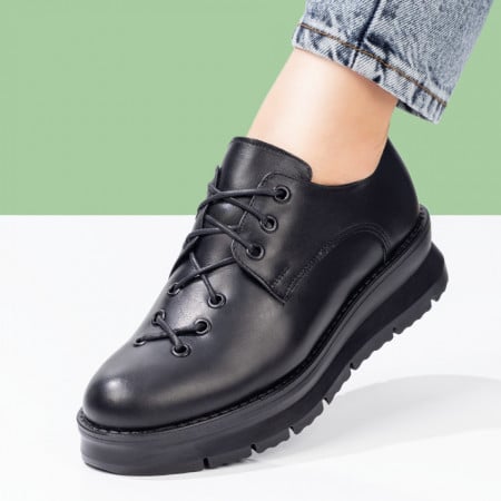 Pantofi casual dama cu siret din Piele naturala negri ZEF00319, 2, zeforia.ro