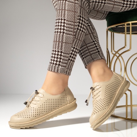Pantofi dama, Pantofi casual dama cu siret elastic si perforatii bej MOD13226, modlet.ro