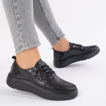 Pantofi casual dama, Pantofi casual dama cu siret si talpa groasa negri din Piele naturala ZEF11132, zeforia.ro