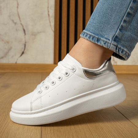 Pantofi casual dama cu talpa groasa alb cu argintiu MOD12200, 3, modlet.ro