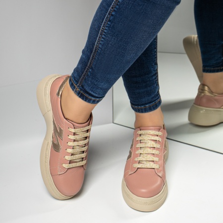 Pantofi casual dama cu talpa groasa bej cu auriu din Piele naturala MOD08731, 4, modlet.ro