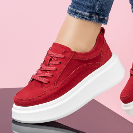 Pantofi casual dama cu talpa groasa rosu suede din Piele naturala MOD06877, 4, modlet.ro