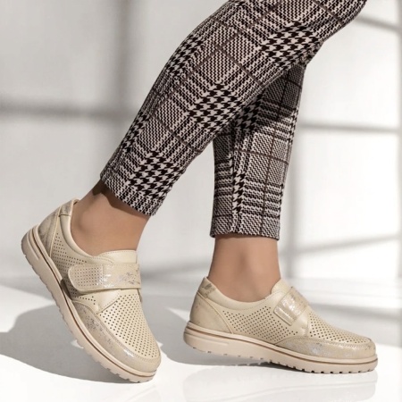 Pantofi casual dama cu talpa joasa si inchidere cu scai bej LILI7, 3, modlet.ro