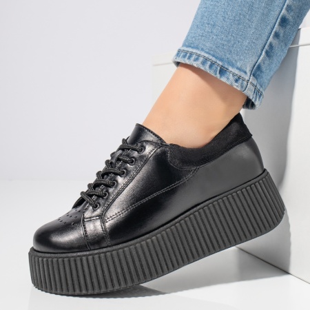 Pantofi casual dama, Pantofi casual dama negri cu talpa groasa din Piele naturala MOD12740, modlet.ro