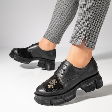 Pantofi casual dama, Pantofi casual negri dama din Piele naturala cu accesoriu MOD11890, modlet.ro