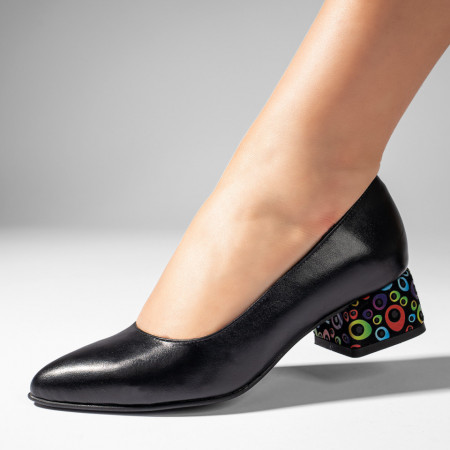 Incaltaminte dama, Pantofi cu toc dama negri cu print din Piele naturala ZEF11001 - zeforia.ro