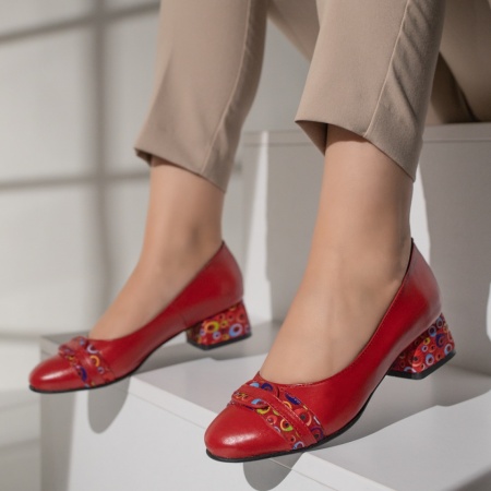 Pantofi dama, Pantofi cu toc dama si imprimeu rosii din Piele naturala MOD12046, modlet.ro