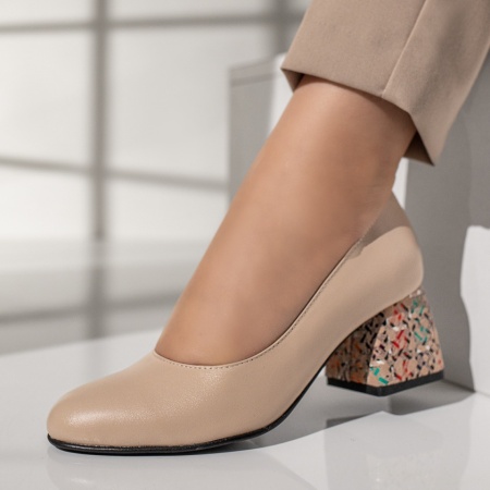 Pantofi cu toc gros dama, Pantofi cu toc gros dama bej din Piele naturala MOD12048, modlet.ro
