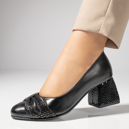 Pantofi cu toc gros dama, Pantofi cu toc gros dama cu imprimeu negri din Piele naturala MOD12050, modlet.ro