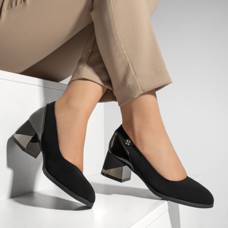 Pantofi cu toc gros dama negru suede MOD12090, 3, modlet.ro