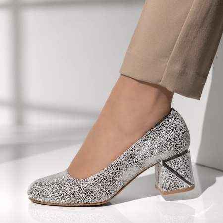 Pantofi cu toc gros dama si print albi cu argintiu ANA11, 2, modlet.ro
