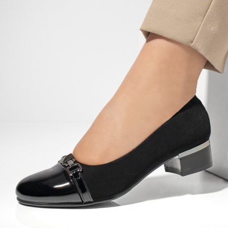 Pantofi cu toc gros dama, Pantofi cu toc gros si varf lucios negru suede MOD08348, modlet.ro