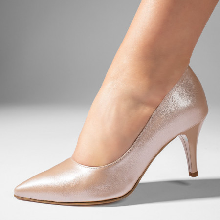 Pantofi Stiletto, Pantofi cu toc subtire dama bej sidefat din Piele naturala MOD11003, modlet.ro