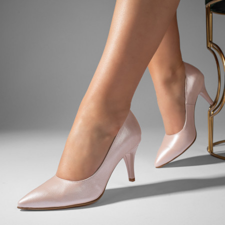 Pantofi dama, Pantofi cu toc subtire dama roz sidefat din Piele naturala ZEF11003 - zeforia.ro