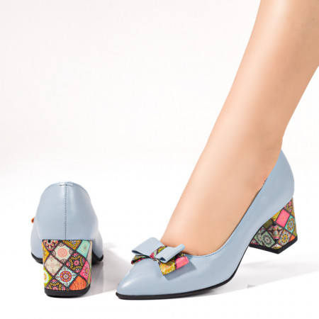 Pantofi cu toc, Pantofi dama albastri cu toc gros si fundita ZEF09539 - zeforia.ro