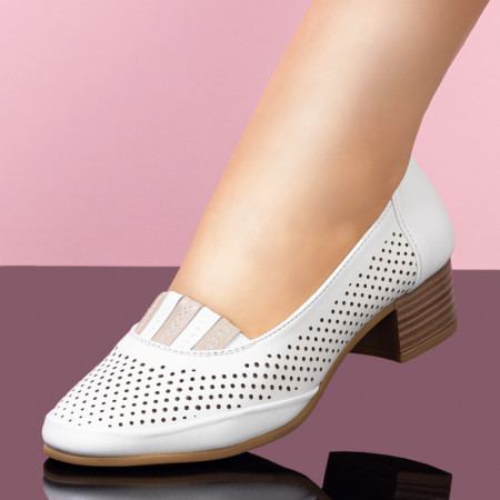 Pantofi dama albi perforati cu toc MDL04386