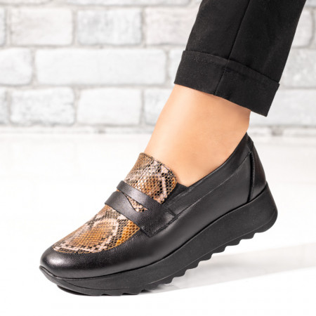 Pantofi casual dama, Pantofi dama casual cu imprimeu negri din Piele naturala MOD03625, modlet.ro
