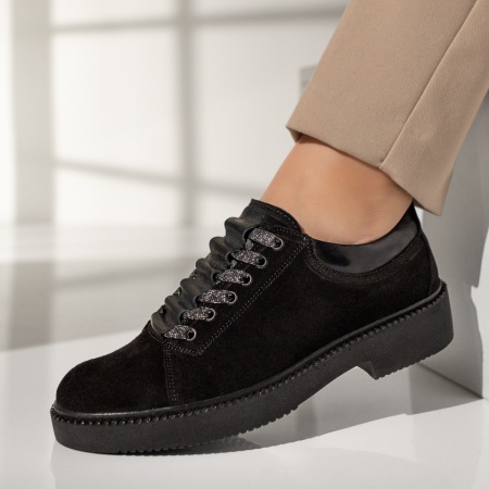 Pantofi casual dama, Pantofi dama casual negru suede din Piele naturala MOD03552, modlet.ro