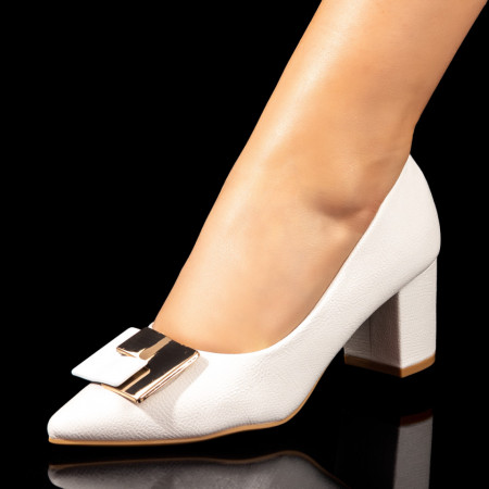 Pantofi cu toc gros dama, Pantofi dama cu accesoriu metalic si toc albi ZEF10597 - zeforia.ro