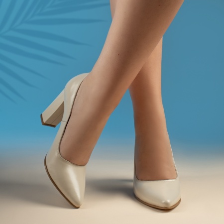 Pantofi dama cu toc gros bej din Piele naturala ZEF13475