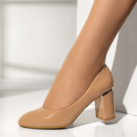 Incaltaminte dama, Pantofi dama cu toc gros bej luciosi MOD09698, modlet.ro