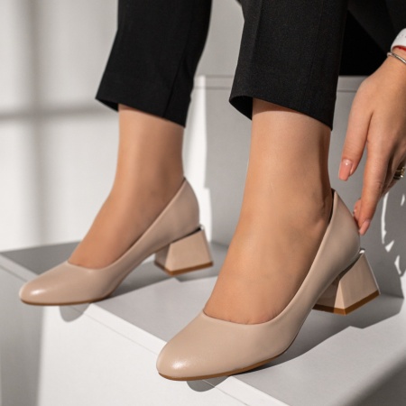 Pantofi dama, Pantofi dama cu toc gros bej MOD12112, modlet.ro