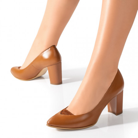 Pantofi dama cu toc gros maro din Piele naturala MOD09540, 3, modlet.ro