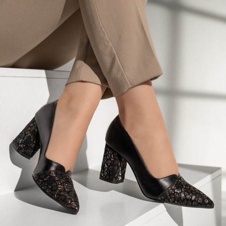 Pantofi dama cu toc gros negri cu print din Piele naturala MOD13133, 3, modlet.ro