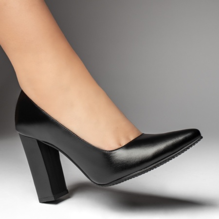Pantofi dama cu toc gros negri din Piele naturala ZEF13475, 4, zeforia.ro