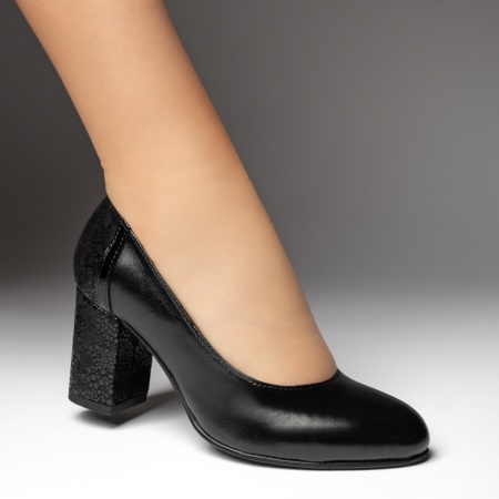 Pantofi dama cu toc gros negri si imprimeu din Piele naturala ZEF13469, 4, zeforia.ro