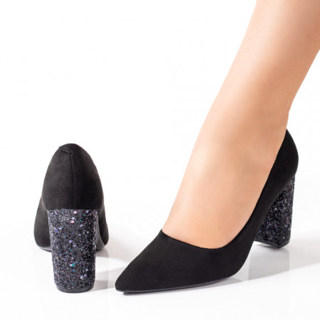 Pantofi dama, Pantofi dama cu toc gros negri suede MOD08567, modlet.ro