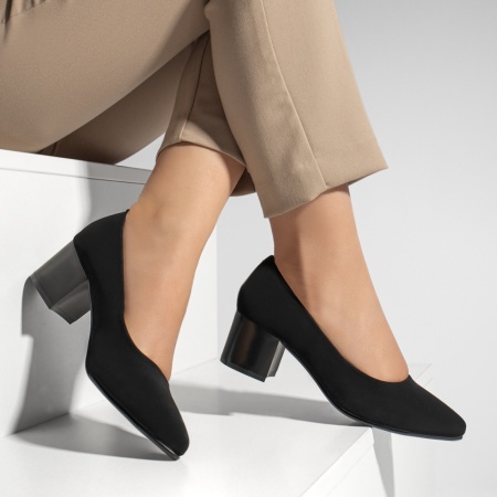 Pantofi dama, Pantofi dama cu toc gros negru suede MOD13067, modlet.ro