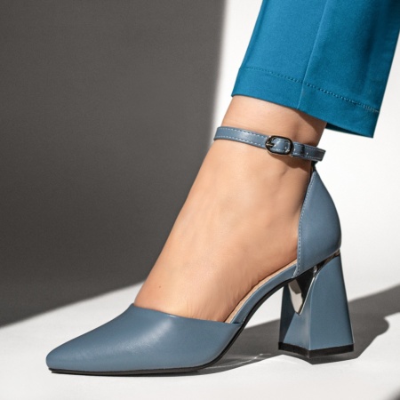 Pantofi cu toc gros dama, Pantofi dama cu toc gros si bareta albastri MOD13101, modlet.ro