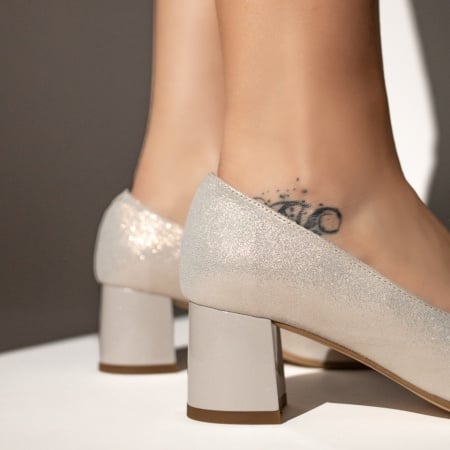 Pantofi dama cu toc gros si fundita bej deschis glitter din Piele naturala ZEF13473, 4, zeforia.ro