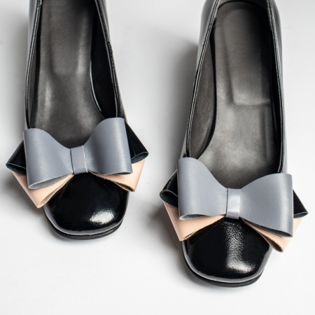 Pantofi dama cu toc gros si fundita negri luciosi MOD12937, 4, modlet.ro
