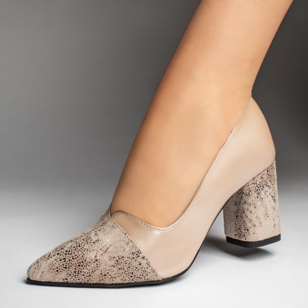 Pantofi dama, Pantofi dama cu toc gros si imprimeu bej din Piele naturala MOD13133, modlet.ro