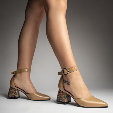 Pantofi dama cu toc gros si imprimeu bej din Piele naturala ZEF11066, 4, zeforia.ro