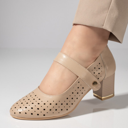 Pantofi cu toc, Pantofi dama cu toc gros si inchidere cu scai nude ZEF11467 - zeforia.ro